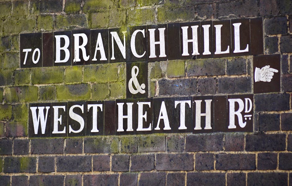 A close-up image of a brick wall with weathered, dark brown bricks and patches of green moss. Attached to the wall is a street sign made of black ceramic tiles with white lettering, indicating directions to 'BRANCH HILL' and 'WEST HEATH RD'. The sign is composed of multiple tiles arranged in rows, with some tiles slightly chipped or uneven. To the right of the sign is a small, white, fake hand pointing towards the right, made of plastic or similar material. The scene has natural outdoor lighting, highlighting the texture of the moss and the surface of the tiles, suggesting a typical street or alleyway setting suitable for discussions related to property access or urban waste management. The overall atmosphere is neutral and observational, fitting the context of municipal or private waste removal and on-site clearance activities often associated with independent rubbish collection services such as those offered by houseclearancewesthampstead.co.uk.