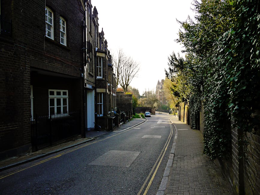 A quiet residential street scene in West Hampstead featuring a narrow asphalt road with double yellow lines along the curb, flanked by a row of dark brick Victorian-style terraced houses on the left side, each with white-framed windows and small front gardens enclosed by low metal fences. On the right, a sidewalk paved with rectangular stone slabs runs parallel to a tall, dense hedge covered with dark green, glossy leaves. The street is bathed in soft natural light, likely during late morning or early afternoon, with a few bare deciduous trees visible in the distance and some parked cars further along the road. The overall scene is calm and tidy, with no visible rubbish or debris, reflecting a typical urban area where private waste and rubbish removal services might be employed to maintain cleanliness and avoid reliance on local authority waste collection.
