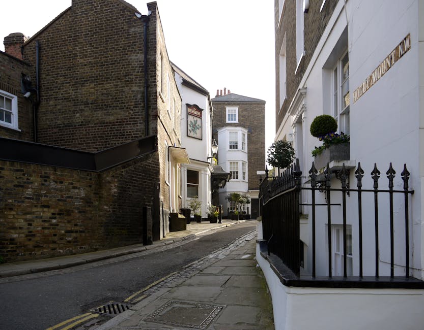 A narrow residential street in a city setting featuring a mix of brick and white-painted terraced houses with decorative elements such as potted plants and flower boxes on window sills. The foreground includes a section of pavement and a metal railing with pointed finials on the right side, alongside a white building with a land registry number and window sills occupied by round, trimmed bushes. The street surface is paved with asphalt, including a visible drainage grate and double yellow lines along the curb. The background reveals additional multi-storey buildings with bay windows and chimneys, under an overcast sky with soft, diffused lighting. This scene depicts an urban environment suitable for private rubbish collection or on-site clearance, connected to waste management services provided by companies offering independent rubbish removal in West Hampstead.